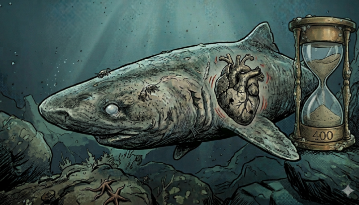 Greenland shark with hourglass reading '400'